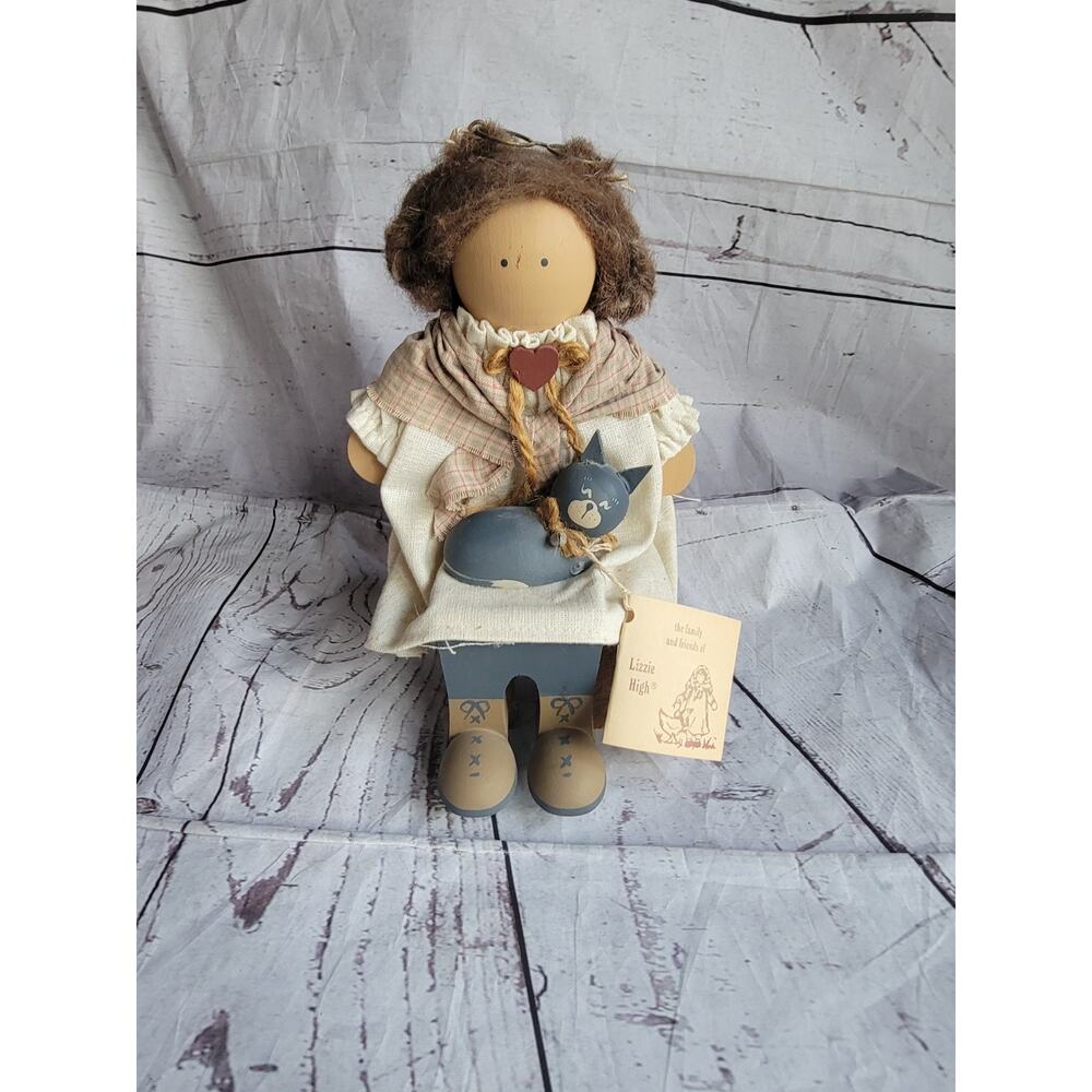 Lizzie High Bess High Doll with Cat And Stool Vintage Wooden Doll